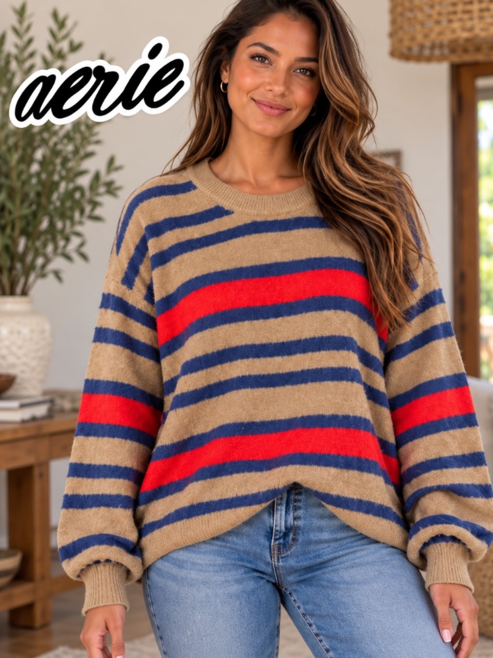 aerie Striped Fuzzy Crewneck Sweater in Tan, Blue & Red